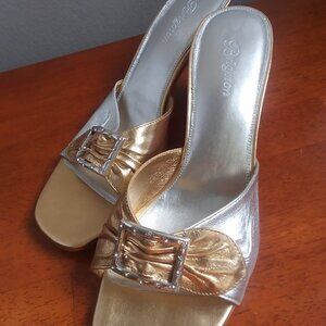Brighton Patti Silver/Gold Metallic Crystal Leather Slides Shoes Kitten Heel 8M